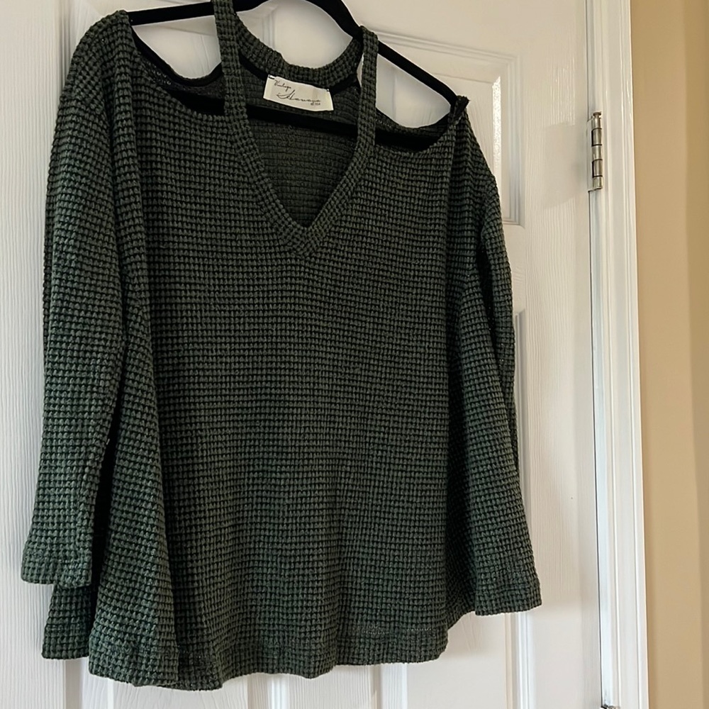 Havana off the shoulder sweater in moss green.